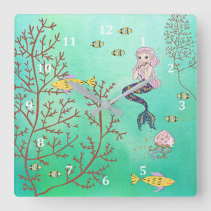 Mermaid Clock Green Sea Quadratische Wanduhr