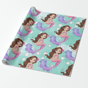 Mermaid Dark Hair Bubbles Pink Blue Geschenkpapier