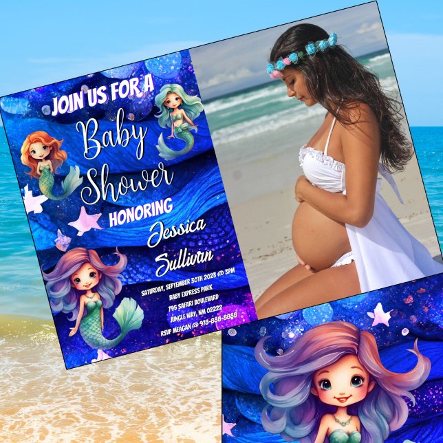 Mermaid Deep Blue Lila Sea Foto Babydusche Einladung (Stunning deep blue and purple sea Mermaid Baby Shower theme.)