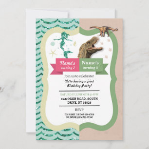 Mermaid & Dinosaur Joint Boy Girl Birthday Invites Einladung