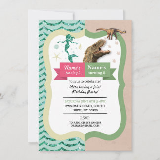 Mermaid & Dinosaur Joint Boy Girl Birthday Invites Einladung