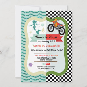 Mermaid & Dirt Bike Joint Boy Girl Birthday Einlad Einladung
