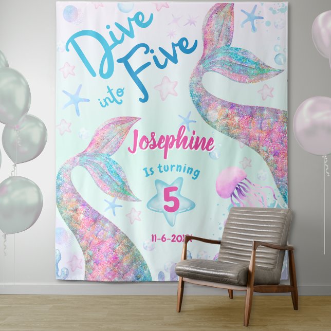 Mermaid dive into five 5th birthday welcome large wandteppich (Von Creator hochgeladen)