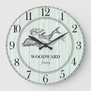 Mermaid Dolphin Aqua Blue Beach House Große Wanduhr