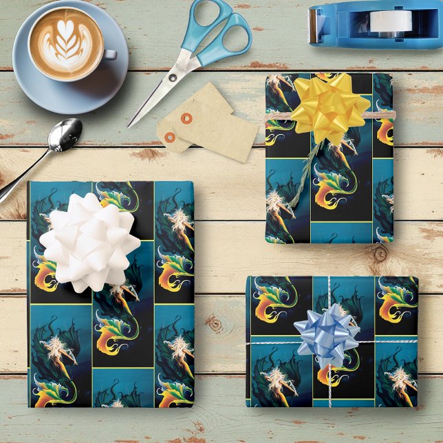 Mermaid Dragon Fantasy Blue Geschenkpapier Set (Von Creator hochgeladen)