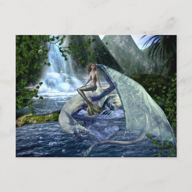 Mermaid Dragon Fantasy Wasserfall Landschaft Postkarte (Vorderseite)