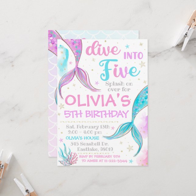 Mermaid Einladung Mermaid 5. Geburtstag Einladung (Vorderseite/Rückseite Beispiel)