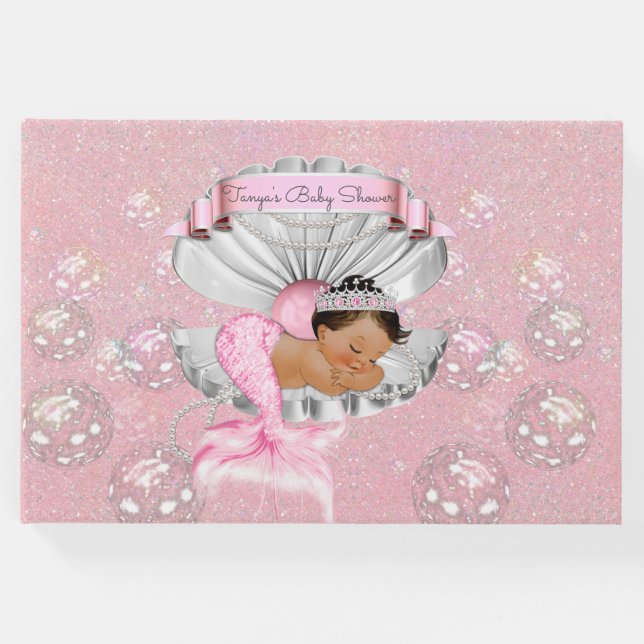 Mermaid Ethnic Baby Girl Pink Muschel Pearls Gästebuch (Vorderseite)