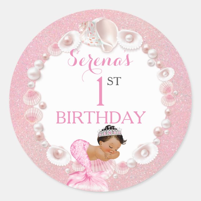 Mermaid Ethnic Baby Girl Pink Muschel Pearls Runder Aufkleber (Vorderseite)