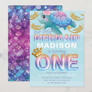 Mermaid First Birthday Pink Blue Gold Glitzer Einladung