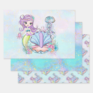 Mermaid First Birthday Whimsisches Party zum Leb Geschenkpapier Set