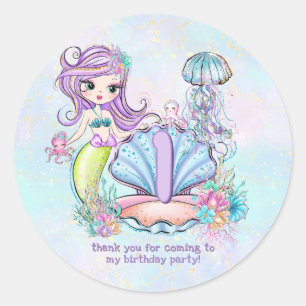 Mermaid First Birthday Whimsisches Party zum Leb Runder Aufkleber