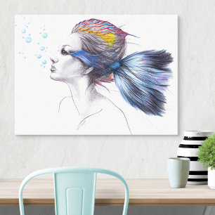 Mermaid Fisch Fantasy Surreal Art Zeichnend Leinwanddruck