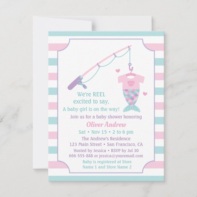 Mermaid Fishing Themed Baby Shower Invitations Einladung (Vorderseite)