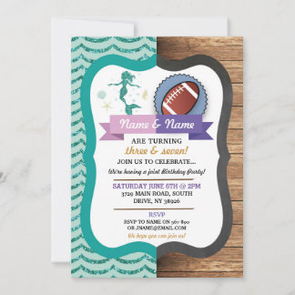 Mermaid & Football Joint Boy Girl Birthday Invites Einladung