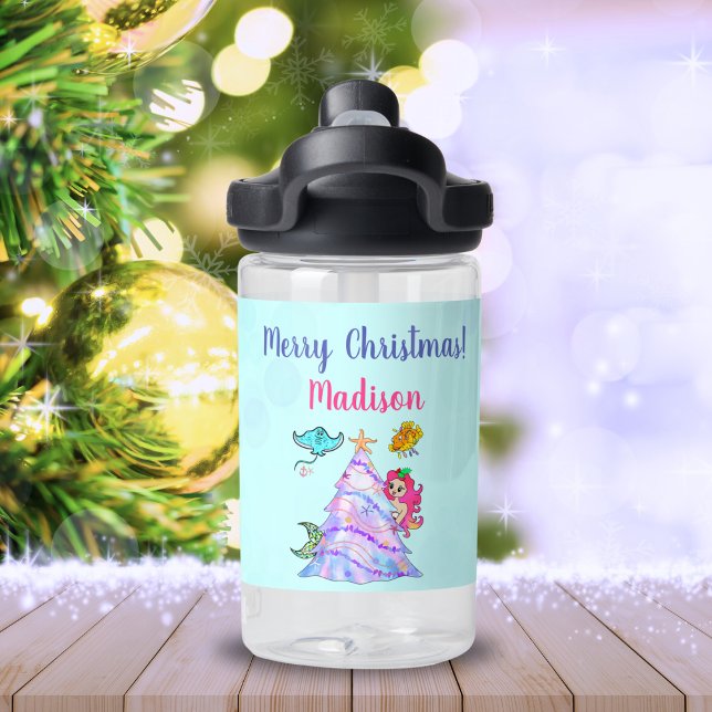 Mermaid & Friends Dekorieren Weihnachtsbaumname Trinkflasche (Transform hydration with our Merry Christmas Mermaid kids' water bottle, a festive delight joy!)