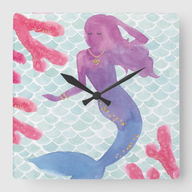 Mermaid Friends I Quadratische Wanduhr (Vorderseite)