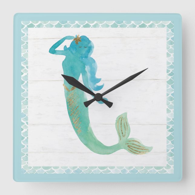 Mermaid Friends IV Quadratische Wanduhr (Vorderseite)
