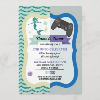 Mermaid & Gaming Joint Boy Girl Birthday Invites Einladung