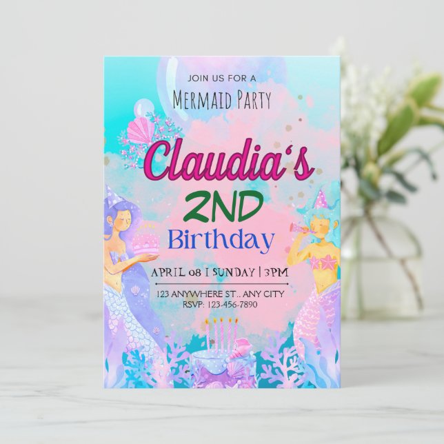 Mermaid Geburtstagsausschreibung Einladung (Stehend Vorderseite)