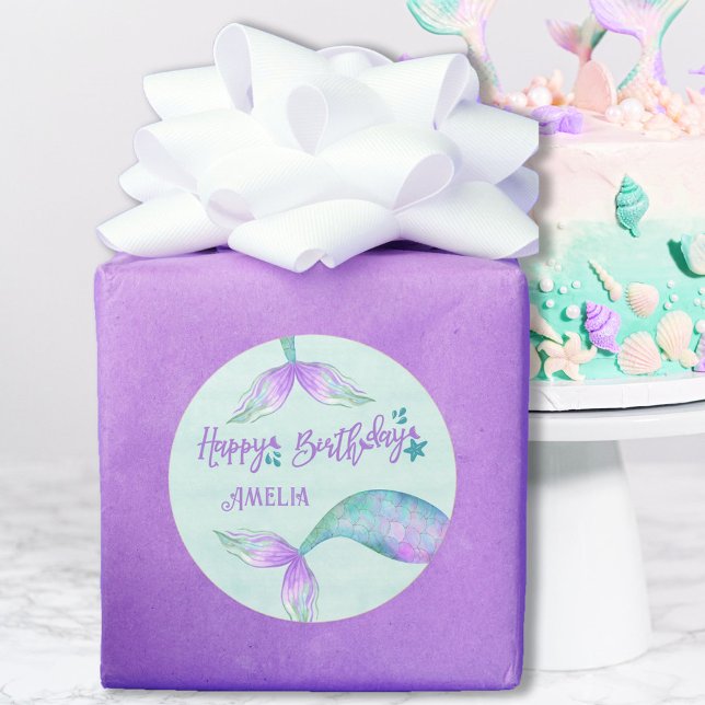 Mermaid Gift Wrap Personalisiert Happy Birthday Runder Aufkleber (Von Creator hochgeladen)