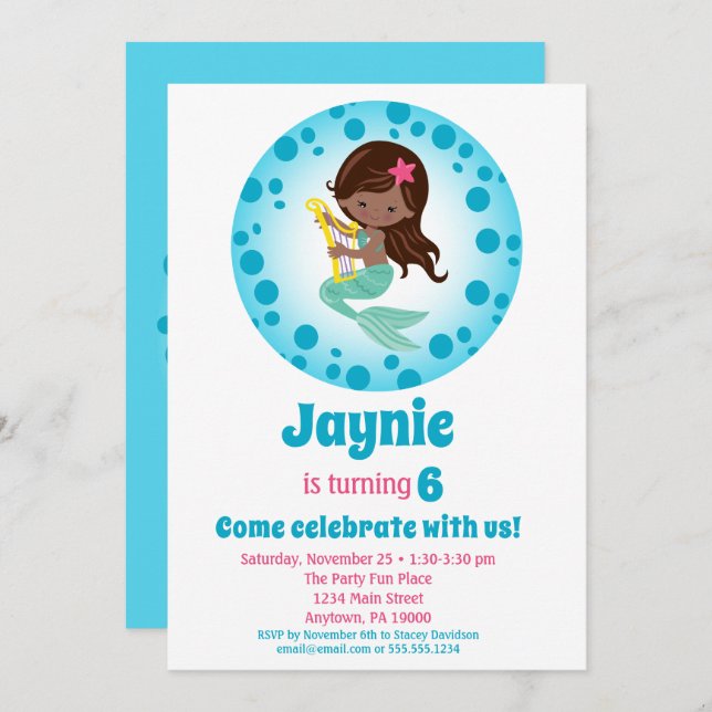 Mermaid Girl - Afrikanische Amerikanische Geburtst Einladung (Vorne/Hinten)