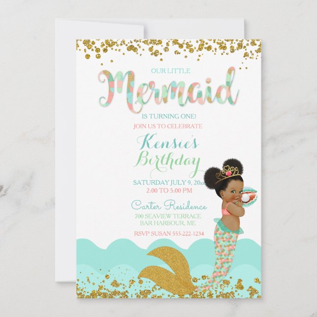 Mermaid Girl American Girl Peach Mint Gold Einladung (Vorderseite)
