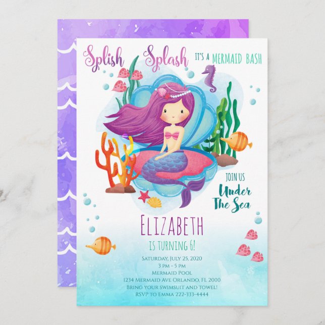 Mermaid Girl Birthday Einladung (Vorne/Hinten)