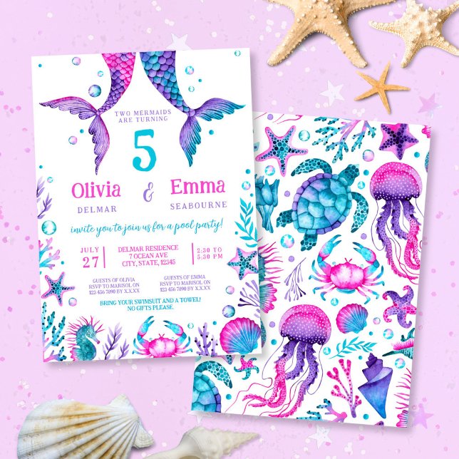 Mermaid Girl Friends Joint Birthday Party Einladung (Mermaid Girl Friends Joint Birthday Party Invitation)