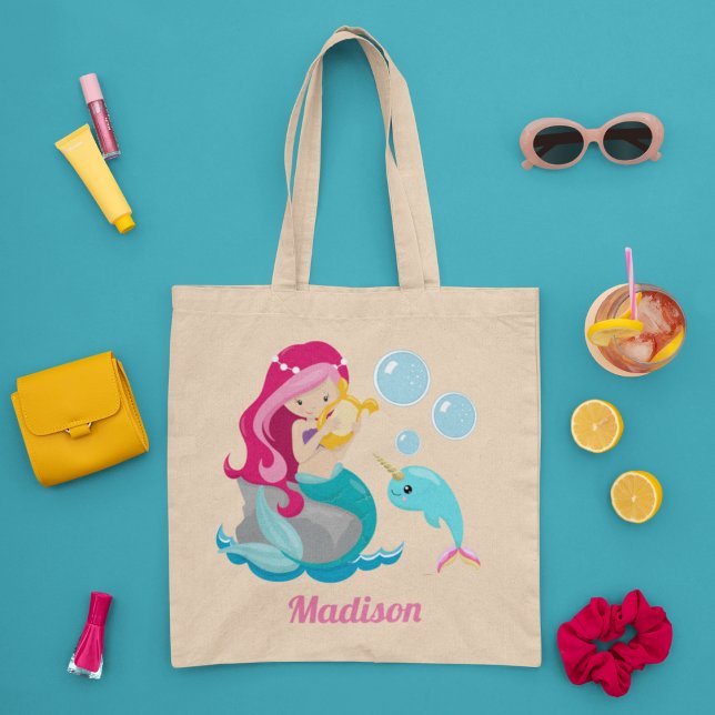 Mermaid Girl Niedlich Beach Narwhal Monogram Kids Tragetasche (Von Creator hochgeladen)
