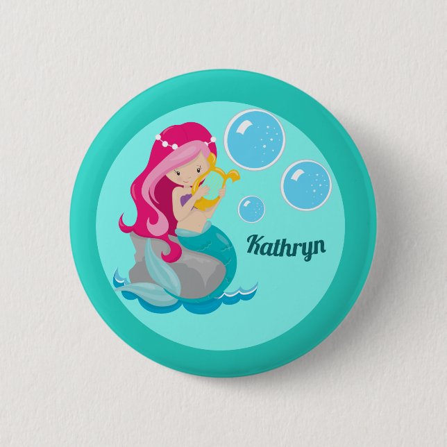 Mermaid Girl Niedlich Custom Aquamarin Monogram Ki Button (Vorderseite)