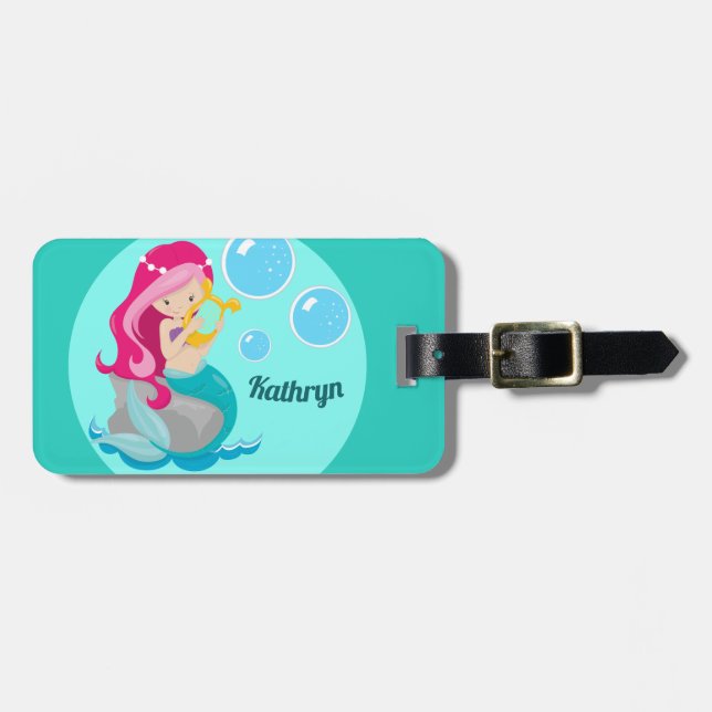 Mermaid Girl Niedlich Custom Aquamarin Monogram Ki Gepäckanhänger (Vorderseite horizontal)