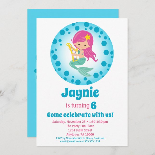 Mermaid Girl - Pink Hair Birthday Party Einladung (Vorne/Hinten)
