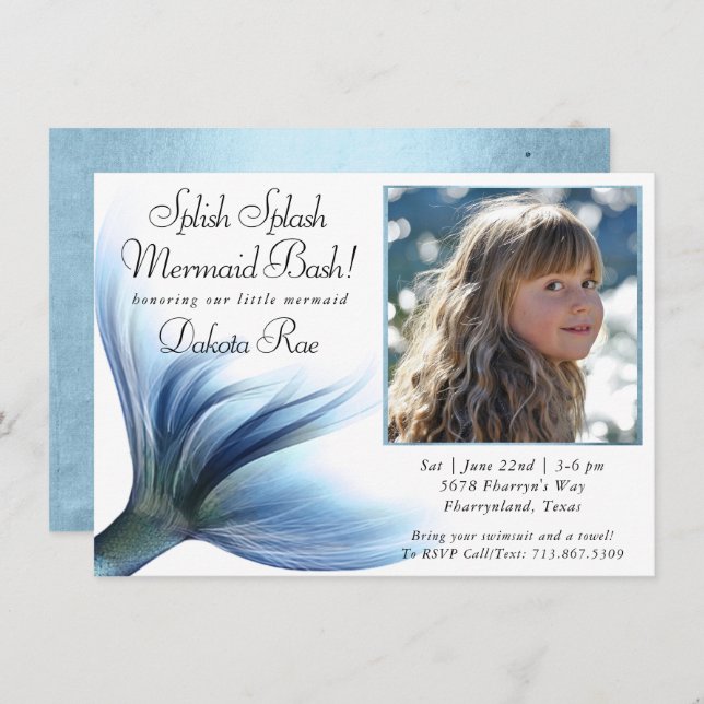 Mermaid Glam | Dusty Ice Blue Foto Splash Einladung (Vorne/Hinten)