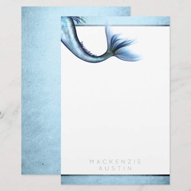Mermaid Glam Schwanz | Dusty Ice Blue Luster Custo Briefpapier (Vorne/Hinten)