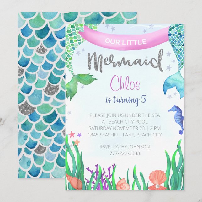 Mermaid Glitzer Birthday Party Einladung (Vorne/Hinten)