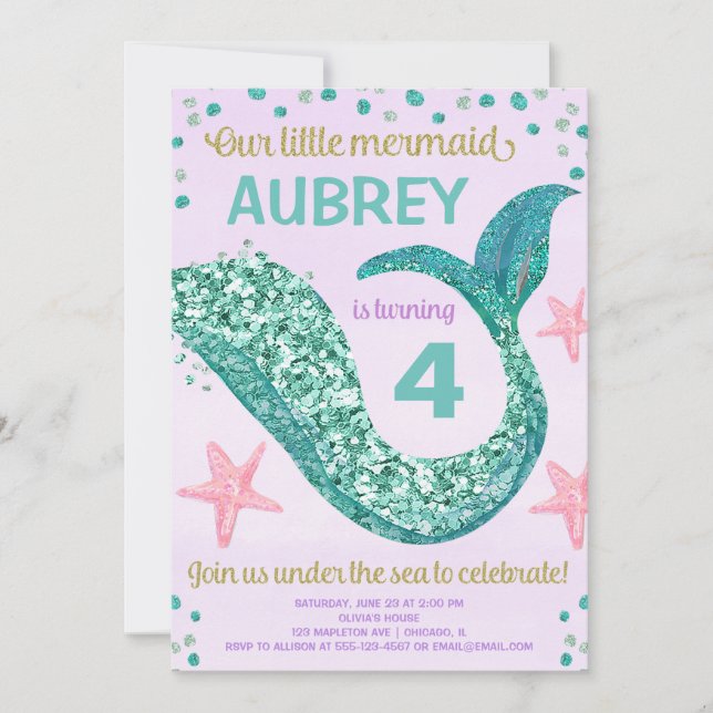 Mermaid Glitzer Schwanz rosa lila aquamariner Gebu Einladung (Vorderseite)