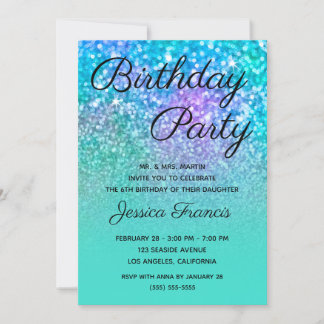 Mermaid Glitzer Turquoise Blue Ombre Birthday Einladung