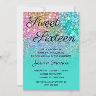 Mermaid Glitzer Turquoise Ombre 16 . Geburtstag Einladung