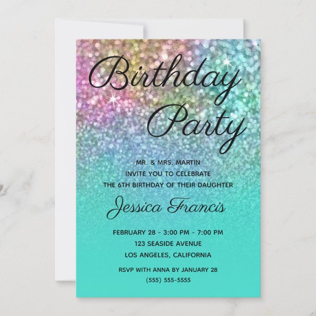 Mermaid Glitzer Turquoise Ombre Birthday Party Einladung (Vorderseite)