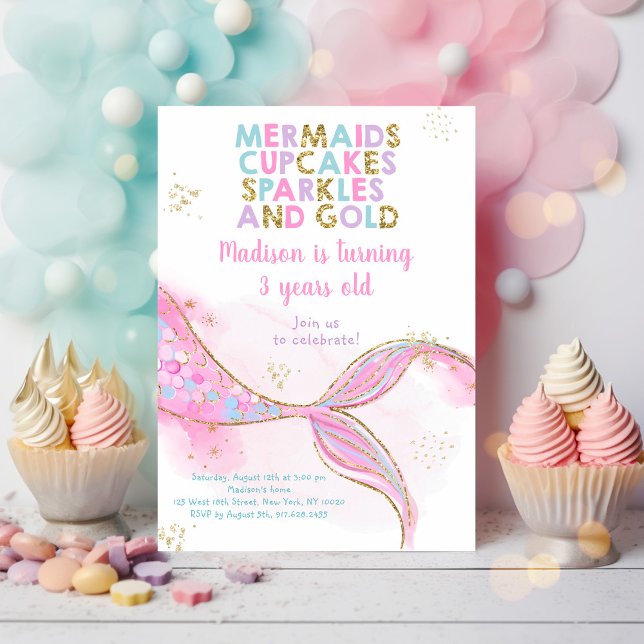 Mermaid Glitzern Gold Geburtstag Einladung (Von Creator hochgeladen)