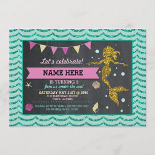 Mermaid Gold Pink Aquamariner Glitzer Einladung