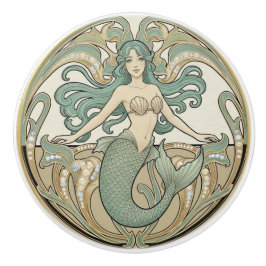 Mermaid Green Cream & Gold Art Nouveau Ocean Sea Keramikknauf