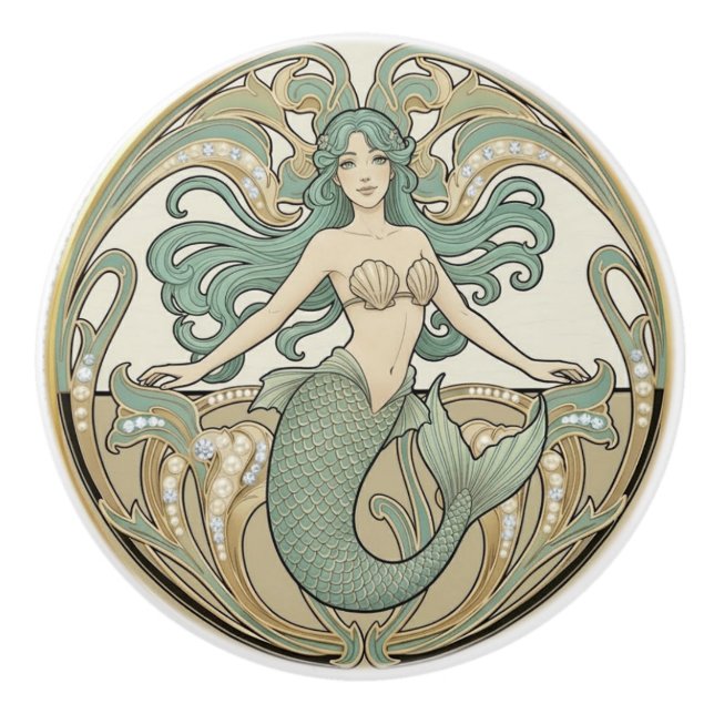 Mermaid Green Cream & Gold Art Nouveau Ocean Sea Keramikknauf (Vorderseite)