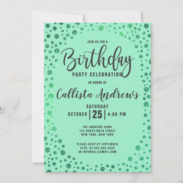 Mermaid Green Glitzer Confetti Border Birthday Einladung (Vorderseite)