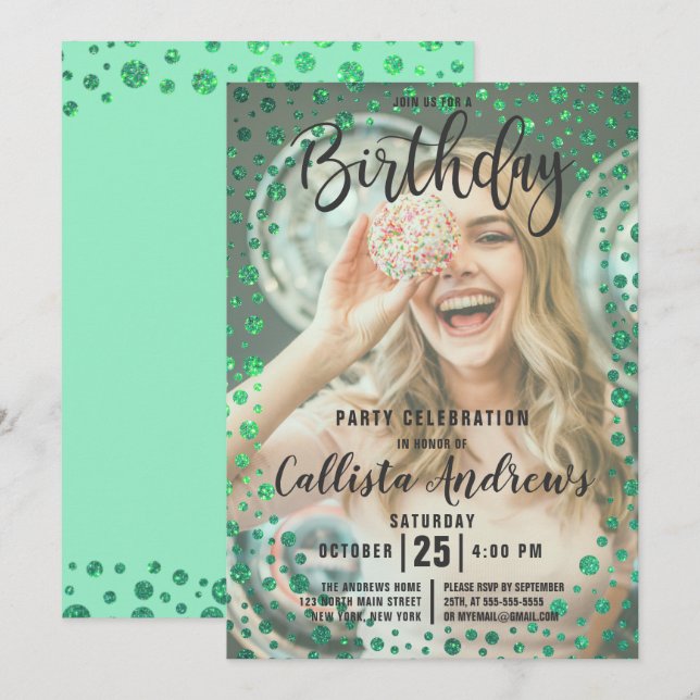 Mermaid Green Glitzer Confetti Foto Geburtstag Einladung (Vorne/Hinten)