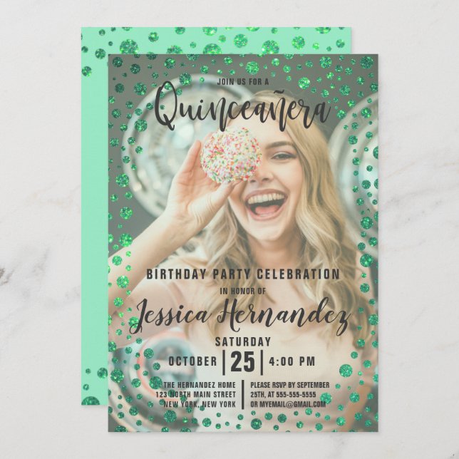 Mermaid Green Glitzer Confetti Foto Quinceañera Einladung (Vorne/Hinten)
