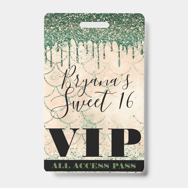 Mermaid Green Peach Glitzer Tropfen Sweet 16 VIP P Ausweis (Vorderseite)