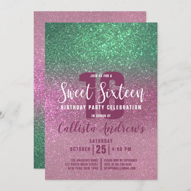 Mermaid Green Pink Triple Glitzer Ombre Sweet 16 Einladung (Vorne/Hinten)
