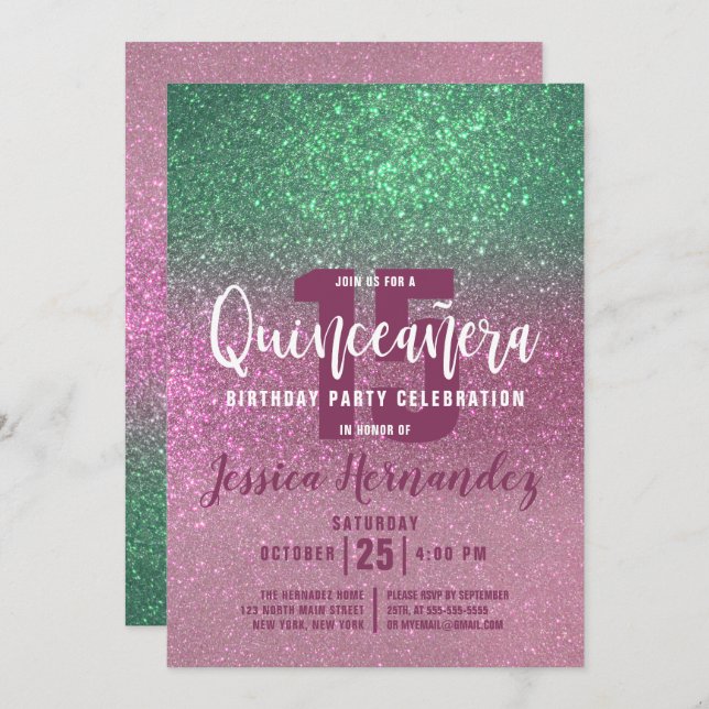 Mermaid Green Pink Triple Glitzer Quinceañera Einladung (Vorne/Hinten)